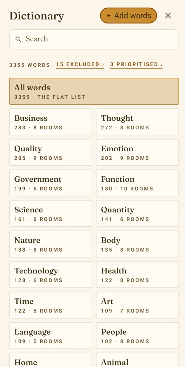 The Dictionary: All words, then the themes with their rooms.