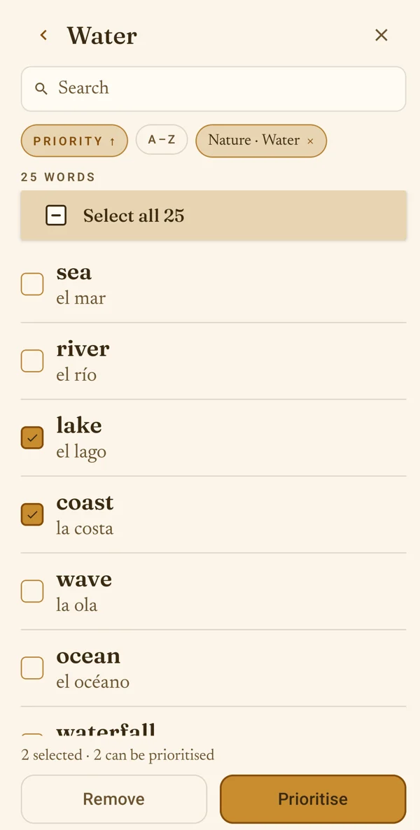 Two words ticked; «2 selected · 2 can be prioritised»; Remove and Prioritise.