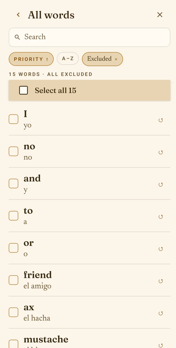 The removed words, each with a restore arrow.