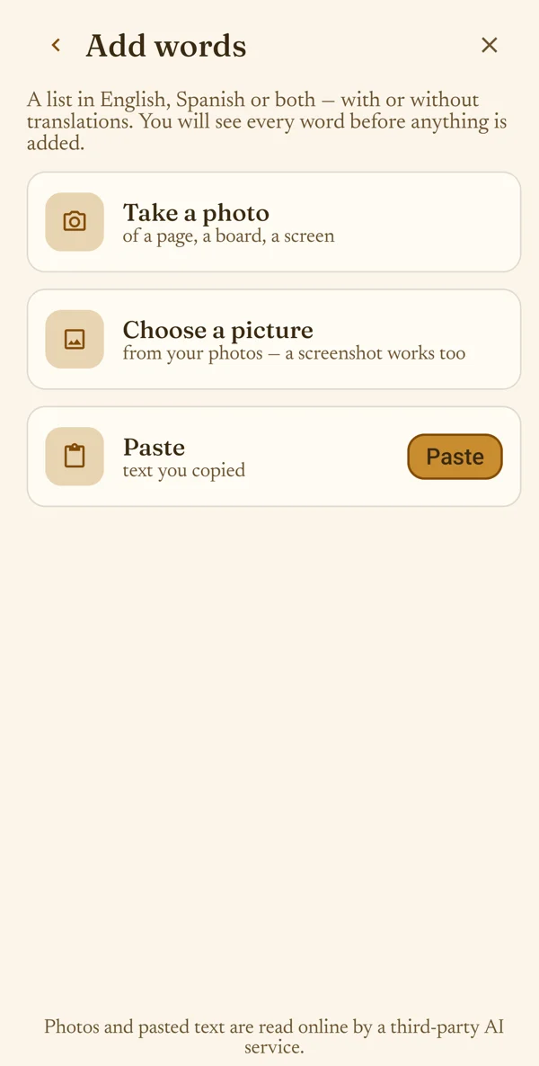 Add words: Take a photo, Choose a picture, Paste.