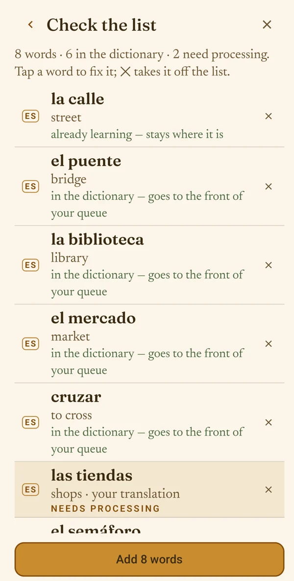 Check the list: each word with its translation and what will happen to it.