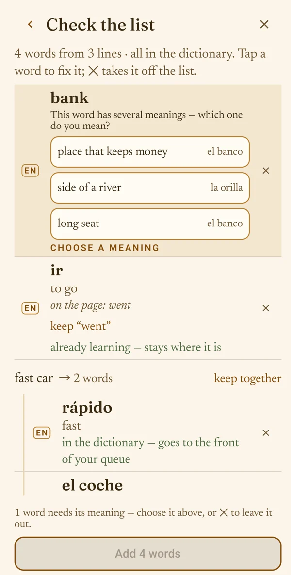 bank: «This word has several meanings — which one do you mean?» with three choices; Add is off.
