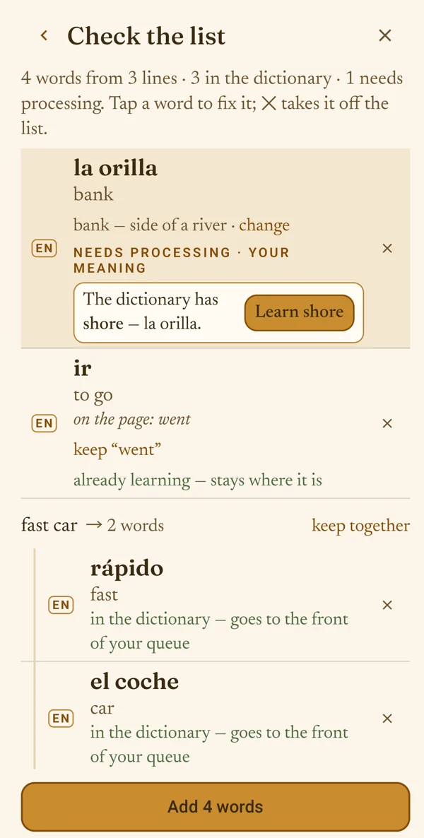 bank — side of a river · change; «The dictionary has shore — la orilla. Learn shore».