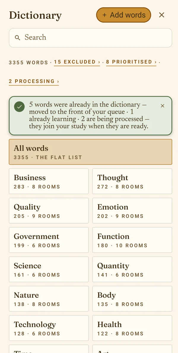 The Dictionary after Add: «5 words were already in the dictionary — moved to the front of your queue · 1 already learning · 2 are being processed».