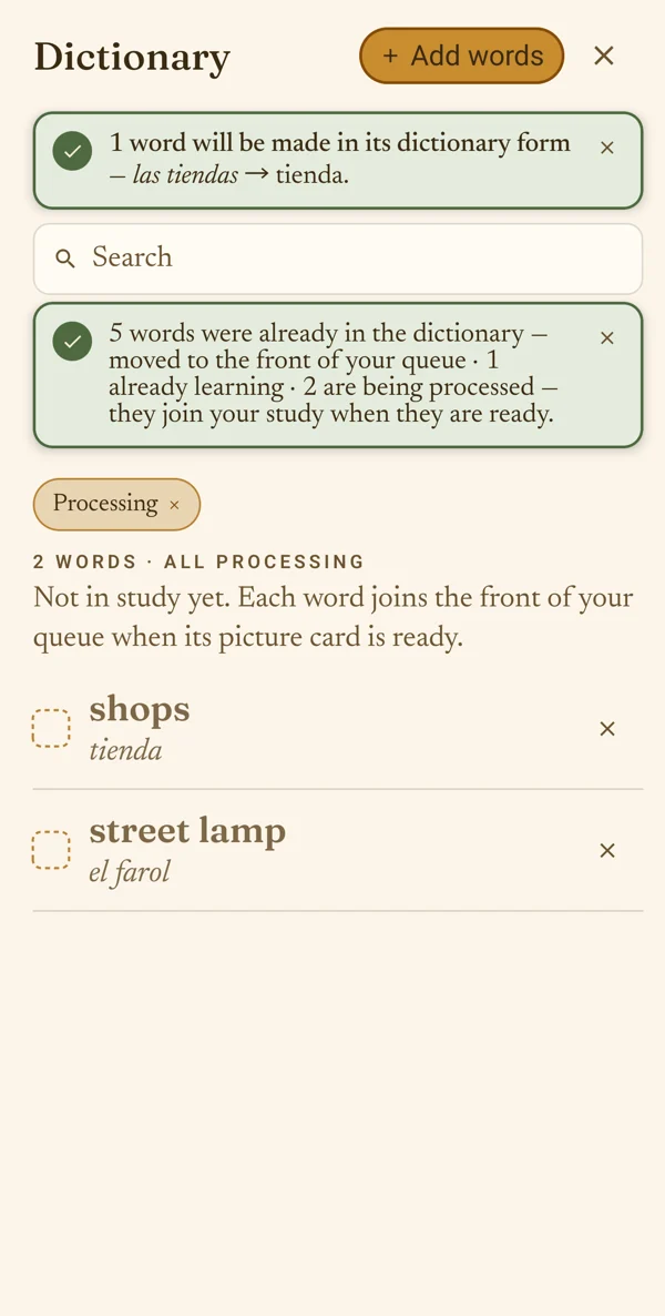 Processing: shops — tienda, street lamp — el farol; «Not in study yet».