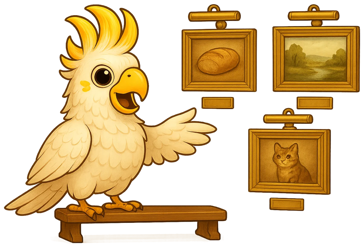 Nick the cockatoo on a gallery bench, pointing with his wing at a framed painting of bread