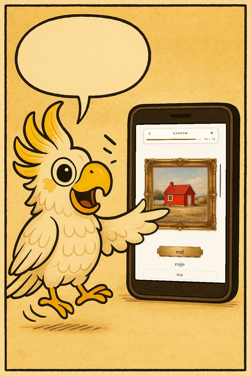 Panel 6. Random, 16 of 18: the painting; the plaque red; heard: rojo; Skip.
